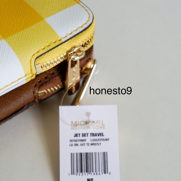 Michael Kors Wristlet Yellow Brown White Gingham - Picture 8 of 8